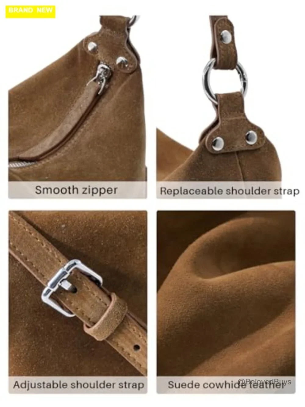 Premium Genuine Suede Leather Hobo Shoulder Bag Crossbody Purse with Adjustable